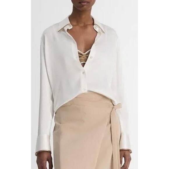 Vince Silk Tipped Long Sleeve Blouse V048312916-103OWR Off White/RyeXS NEW NWT